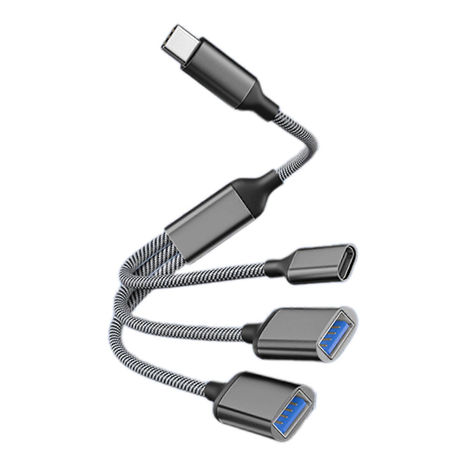 Type C Adapter Cable 1 Male TypeC to 2 USB and 1 TypeC Female Extension Connection Cable 60W Power Delivery 480Mbps Gray