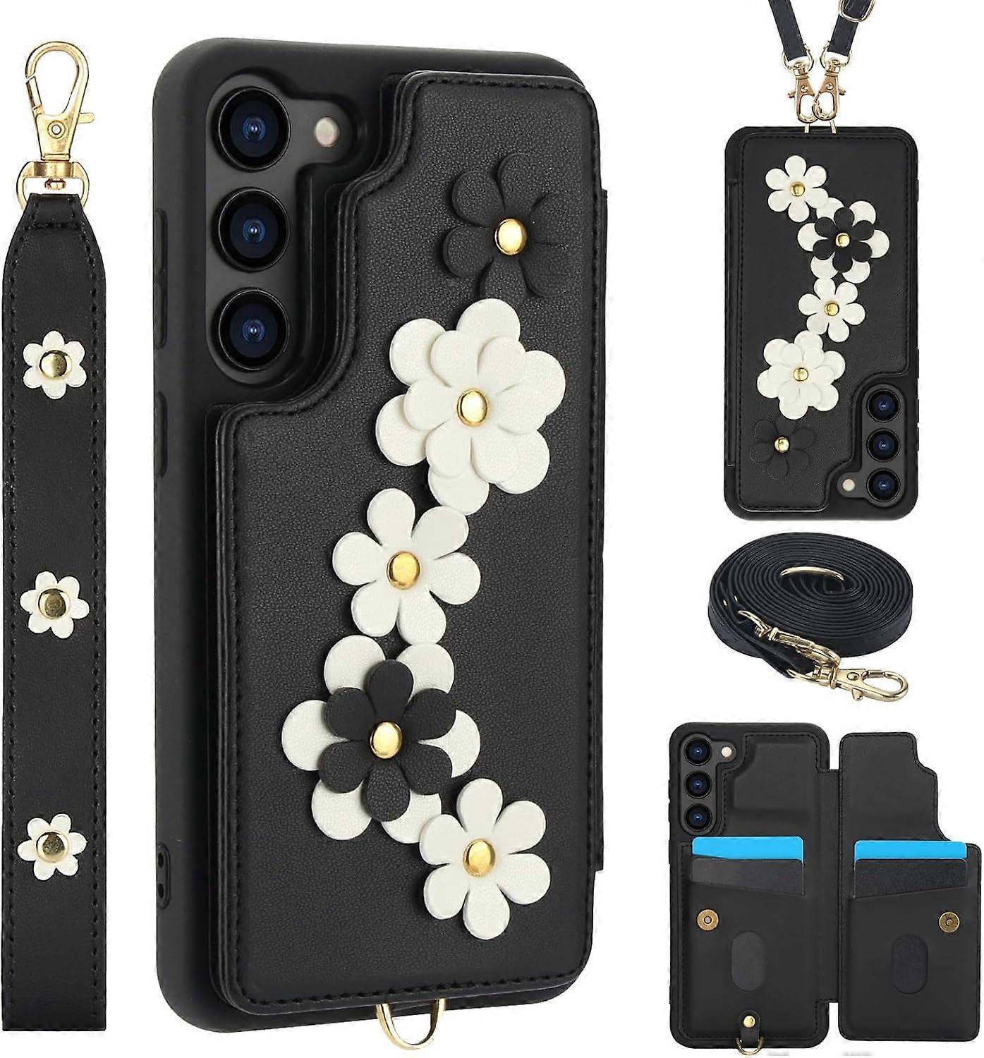 pour Samsung Galaxy S23 Plus Coque Cuir Exquis Porte-carte à rabat intégré Fraîcheur Petit motif de fleur avec support à rabat de sangle longue et courte
