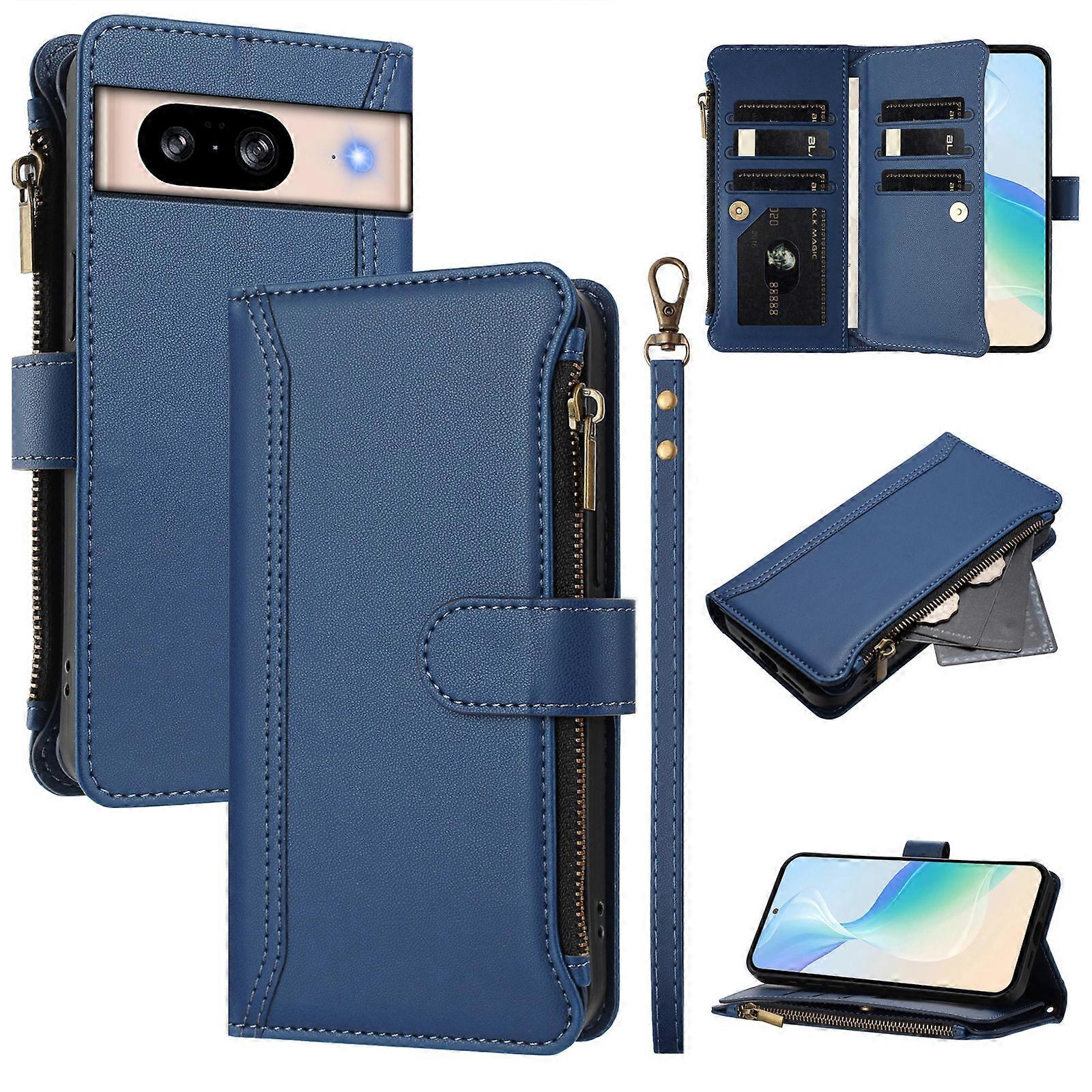 Compatible For Google Pixel 8 Leather Case 9 Card Slots Zipper Wallet Stand Phone Cover with Wrist Strap