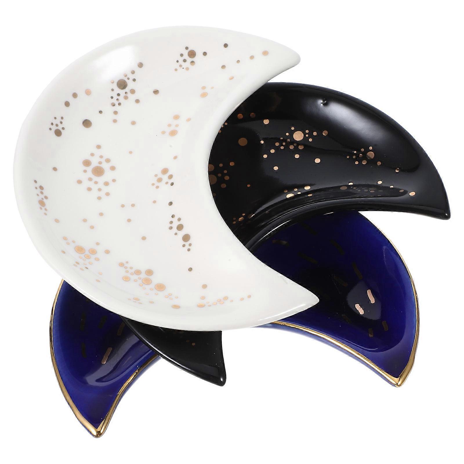 3pcs Ceramic Moon Shaped Tray for Crystal Stones, Jewelry & Essential Oils Chic Decorative Storage Plate