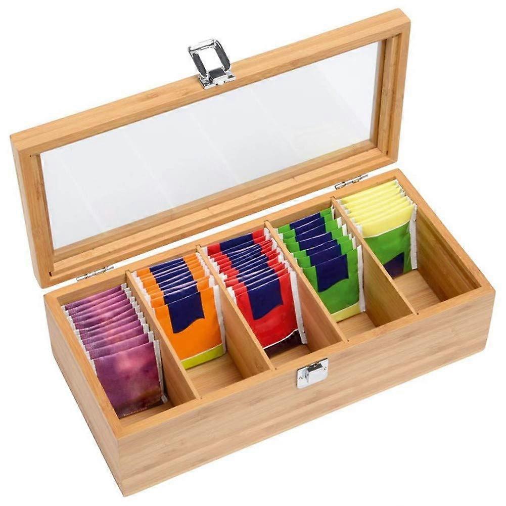 Wooden Tea Bag Storage Box with Acrylic Window, 5 Compartment Tea Organizer, Rustic Wood Tea Storage Solution