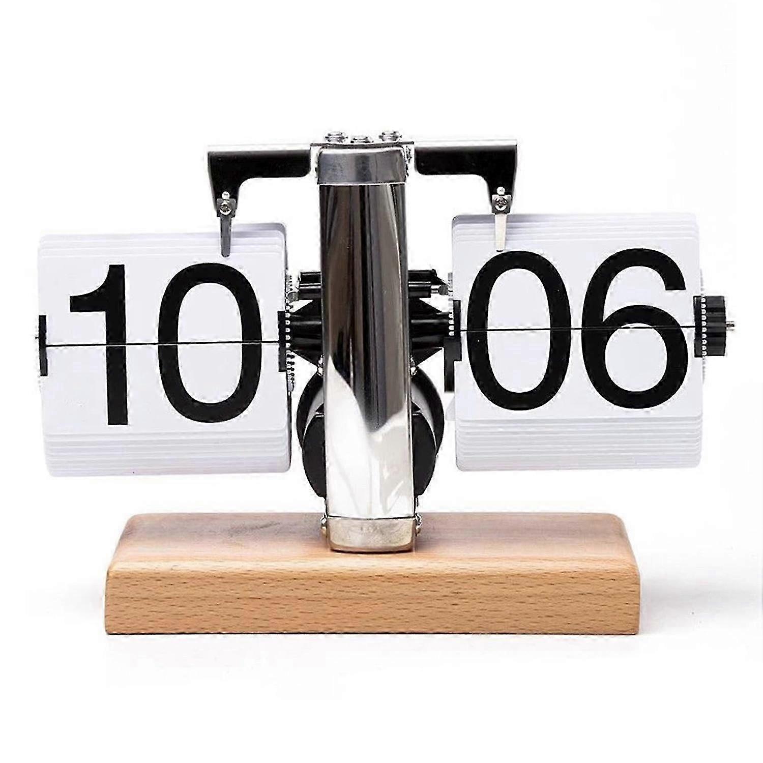 Retro Auto Flip Desk Clock with Beech Wood Square Base for Home