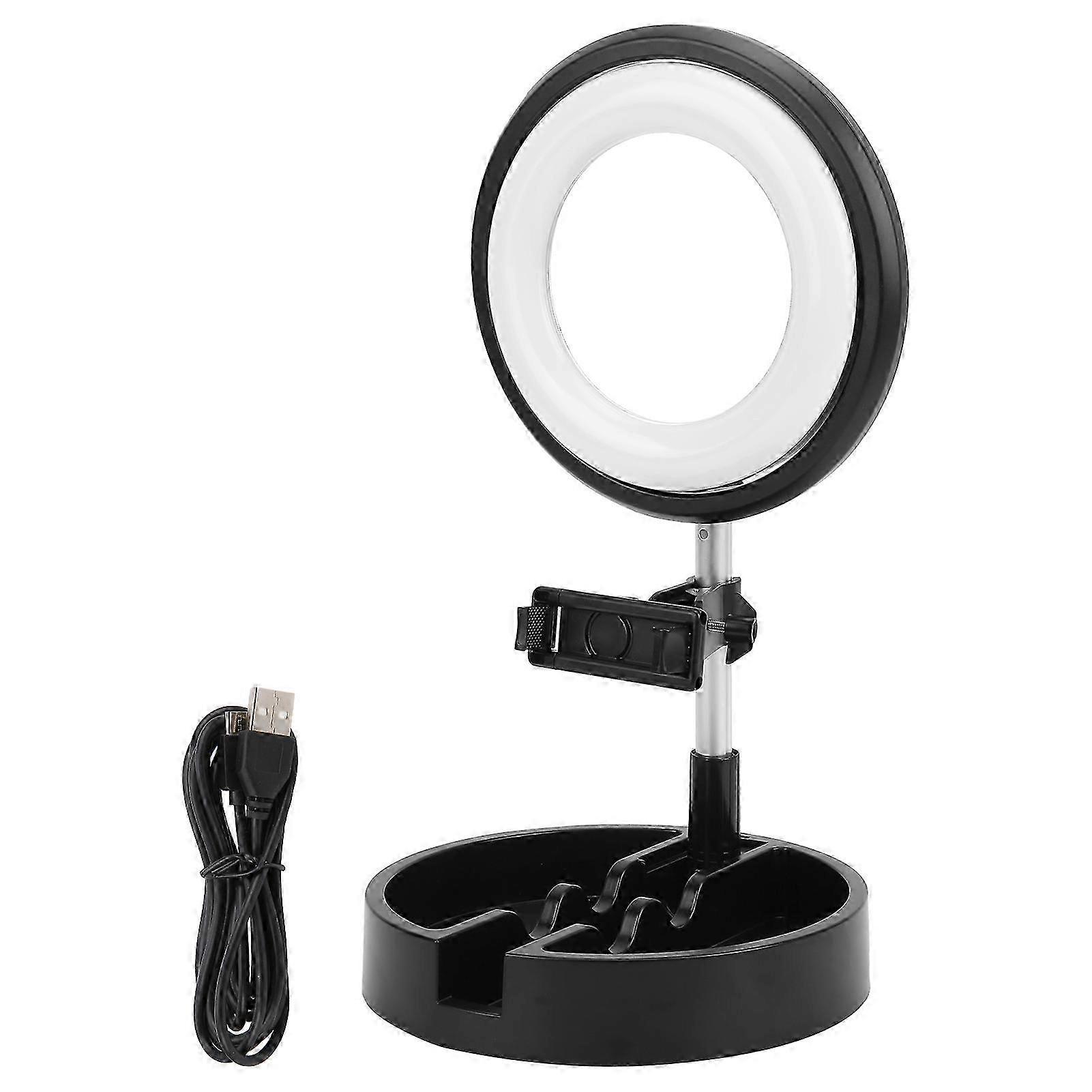 Adjustable Video Ring Light with Makeup Mirror and Phone Clip for Desktop Use