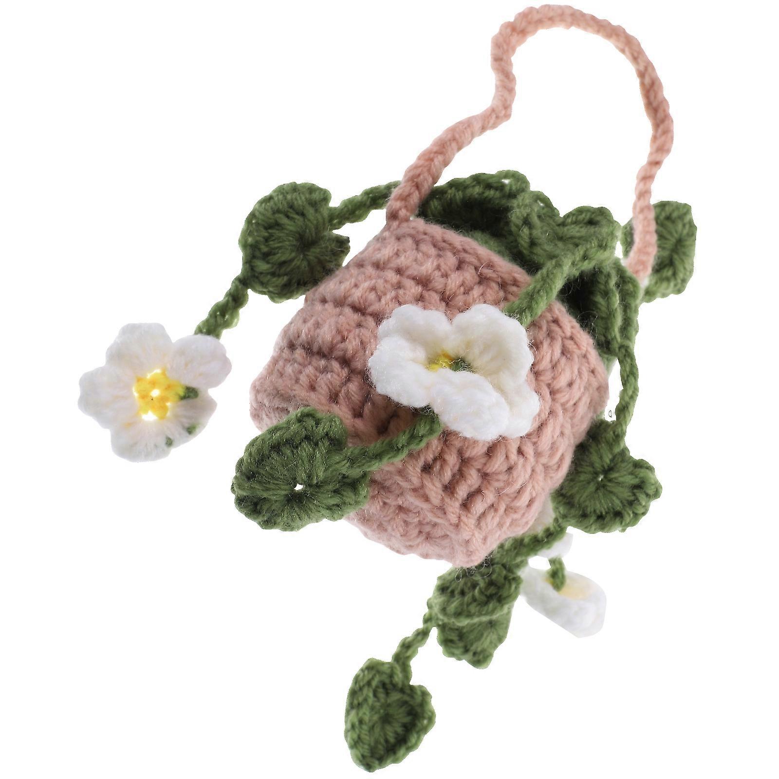 Crochet Hanging Car Accessories Beige Basket White Flower 8x29cm Decorative Rearview Mirror Pendant 1Set