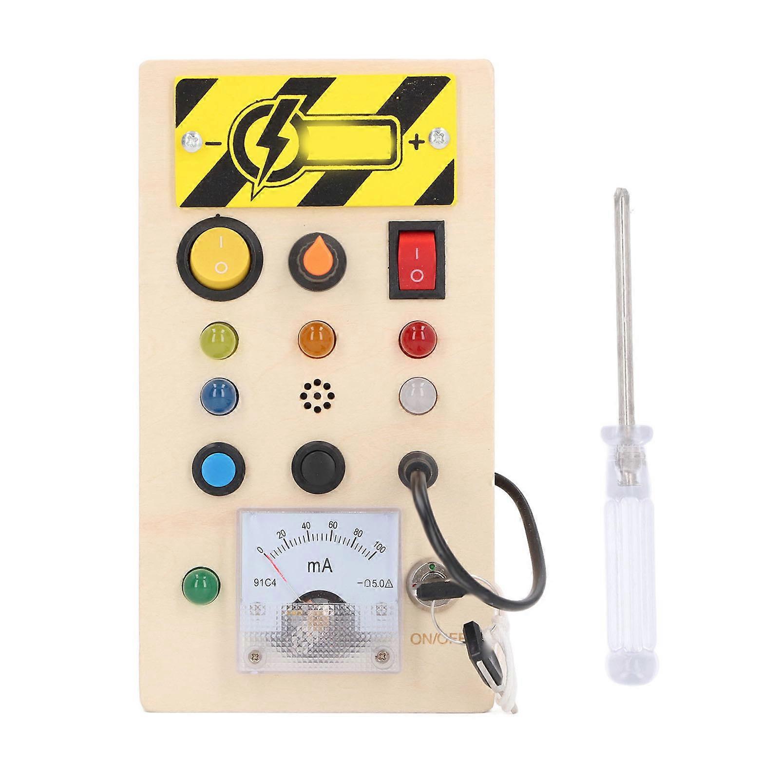 Kids LED Wooden Toy Educational Simulation Key Lock Pluggable Wire Motor Skills Activity Board for 36 Months and Above Long Type Ammeter