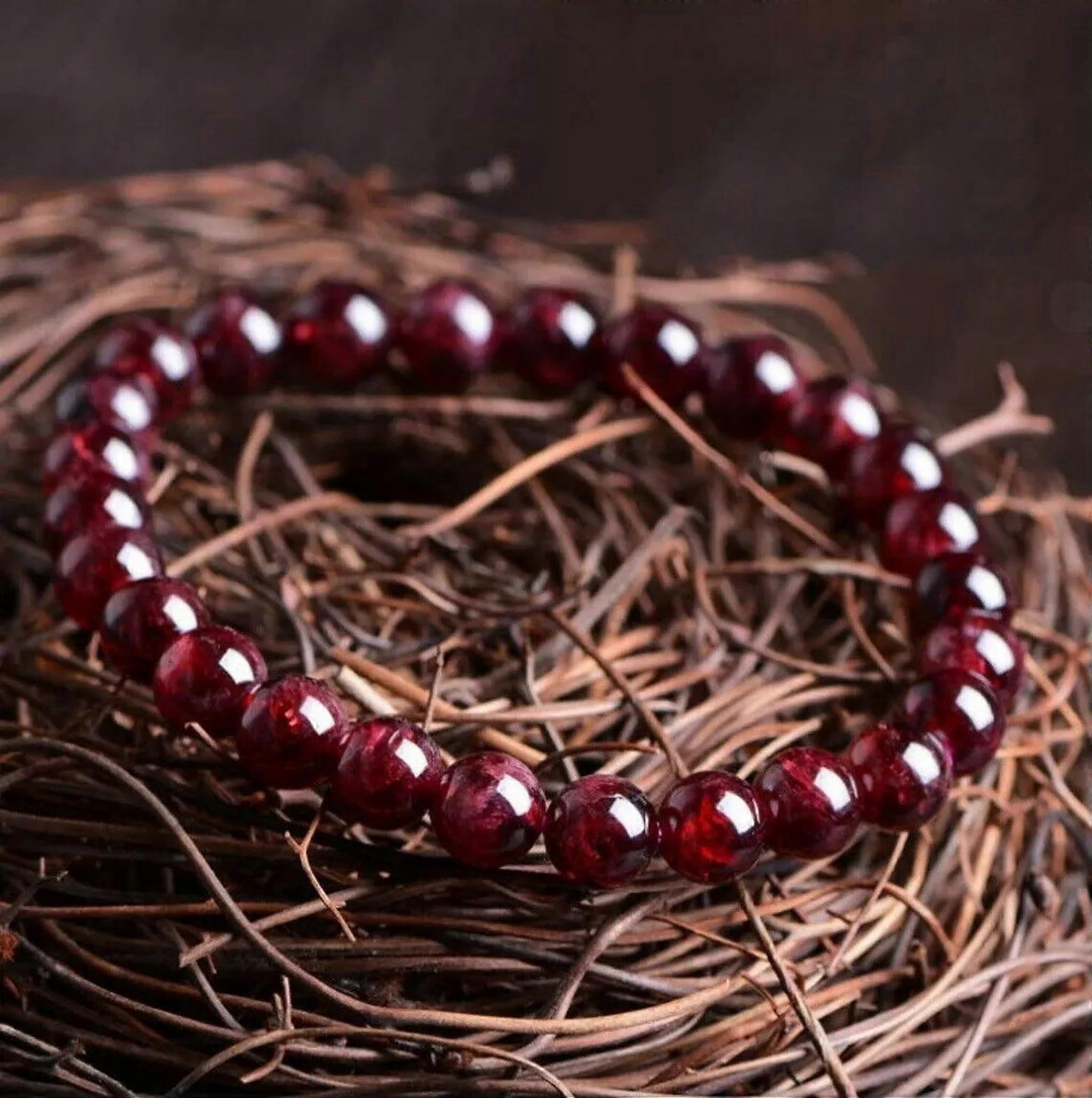 Natural red garnet beaded bracelet, red gemstone stretch bracelet