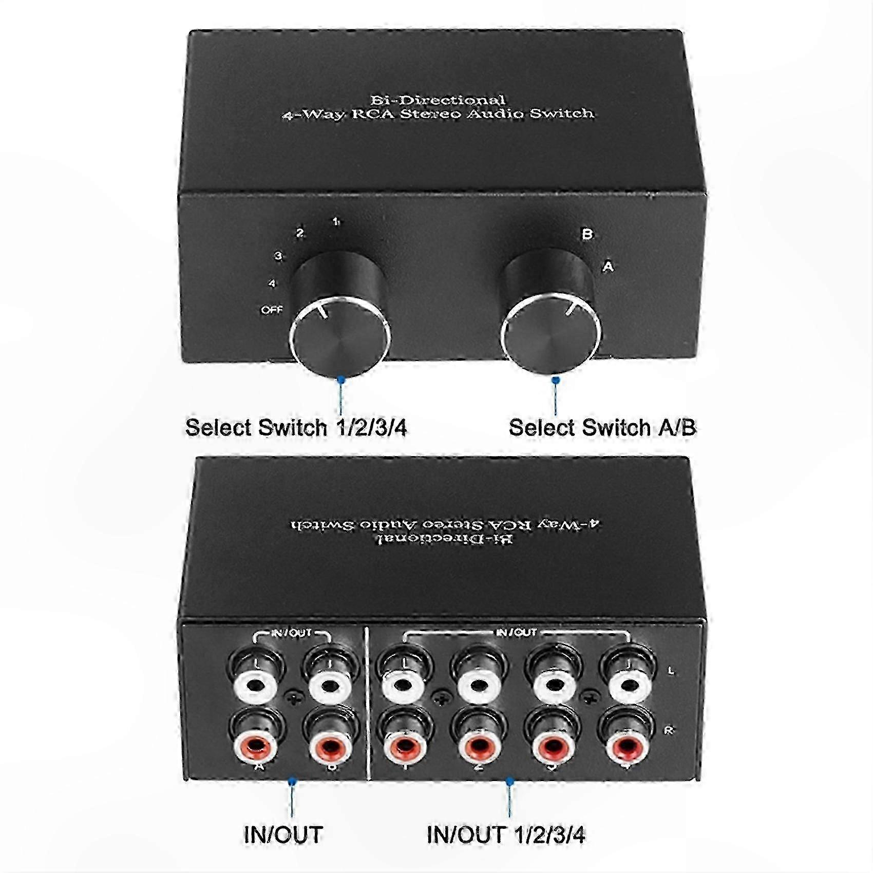 4-Port RCA o Switcher for Stereo Sound Channels, 2-In 4-Out or 4-In 2-Out Configuration