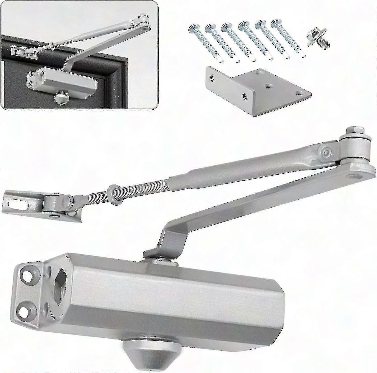 Automatic Hydraulic Door Closer with Stop, Adjustable Spring & Buffer for 25-45kg Silver Doors