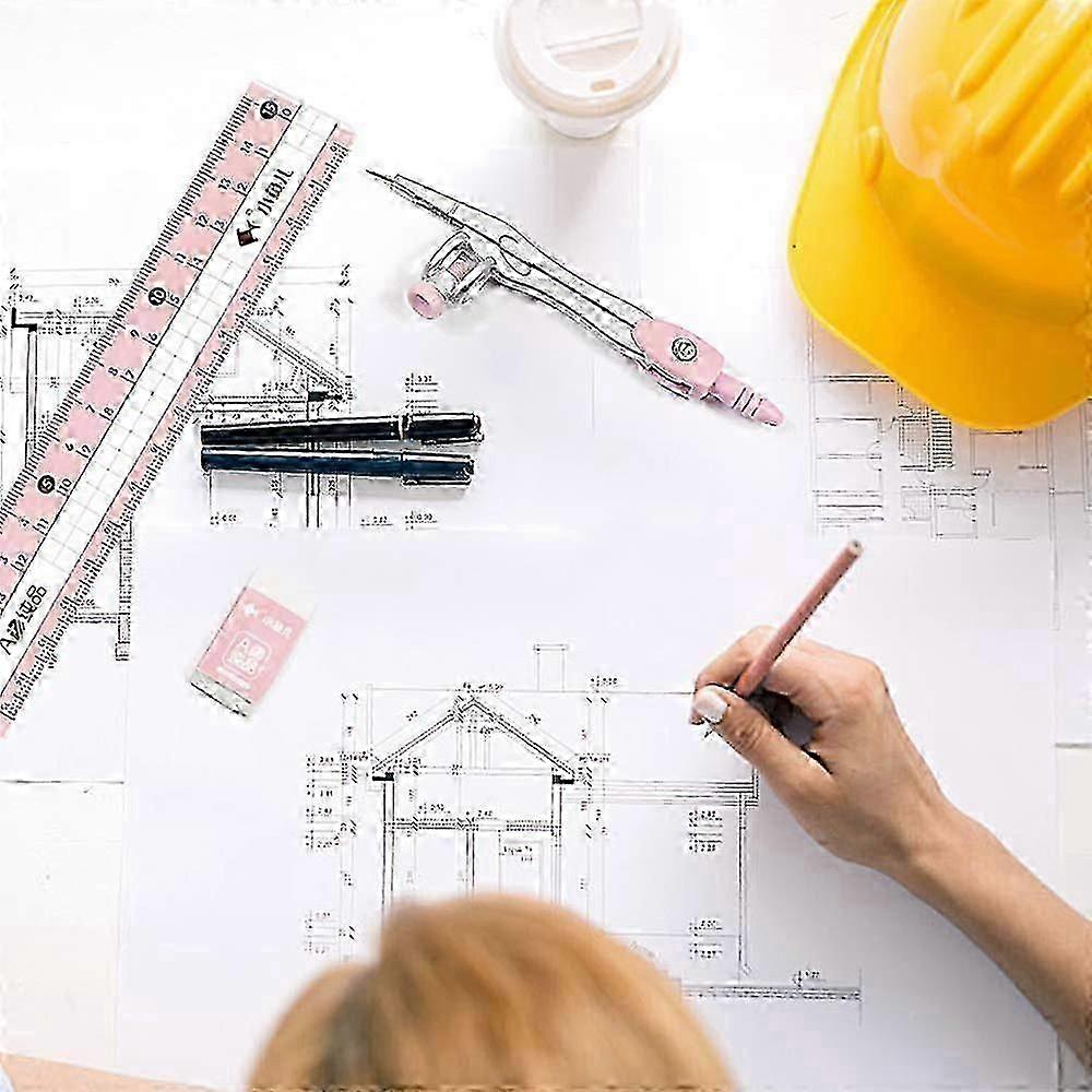 Maths Set, 8 PCS Geometry Sets, Metal Durable Outer Box Set, Protractor and Compass Set with Ruler Protractor Eraser (Pink)