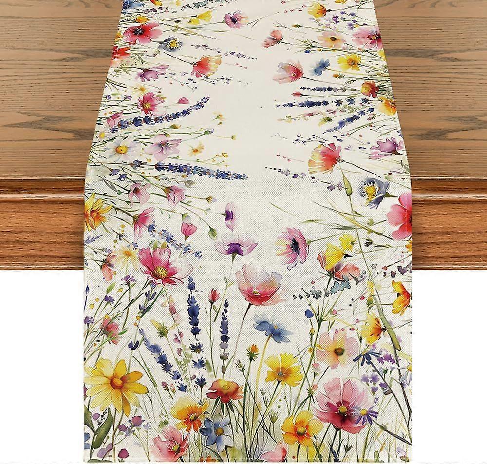 Daisy Lavender Floral Leaves Spring Table Runner, Summer Kitchen Dining Table