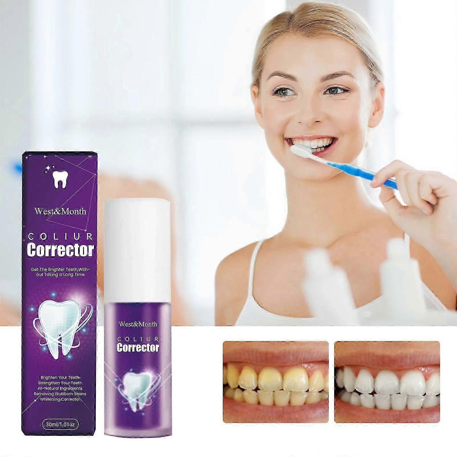West&Month purple whitening toothpaste, cleans tooth stains, bad breath, cares for gums, whitens teeth, toothpaste