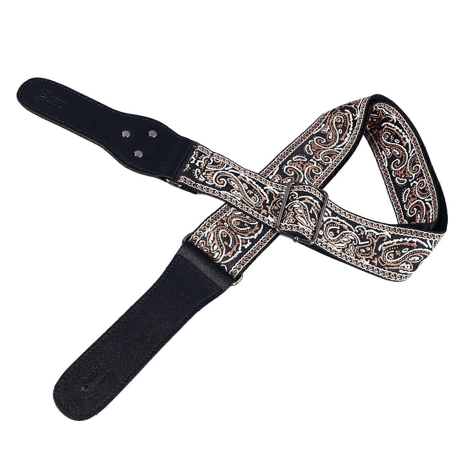Brown Embroidered Widened Nylon Guitar Strap Adjustable with Picks