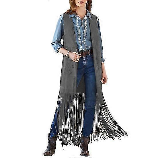 Women Vest Fringe Long Tassel Open Front Sleeveless Loose 70s Hippie Cardigan Solid Color Patch Pocket Cowboy Cosplay Waistcoat
