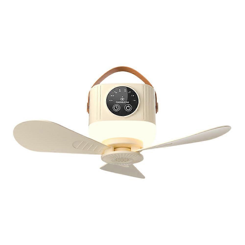 Small Tent Ceiling Fan Portable Wireless Outdoor Camping Fan With Light Rechargeable Remote Control Cream Color