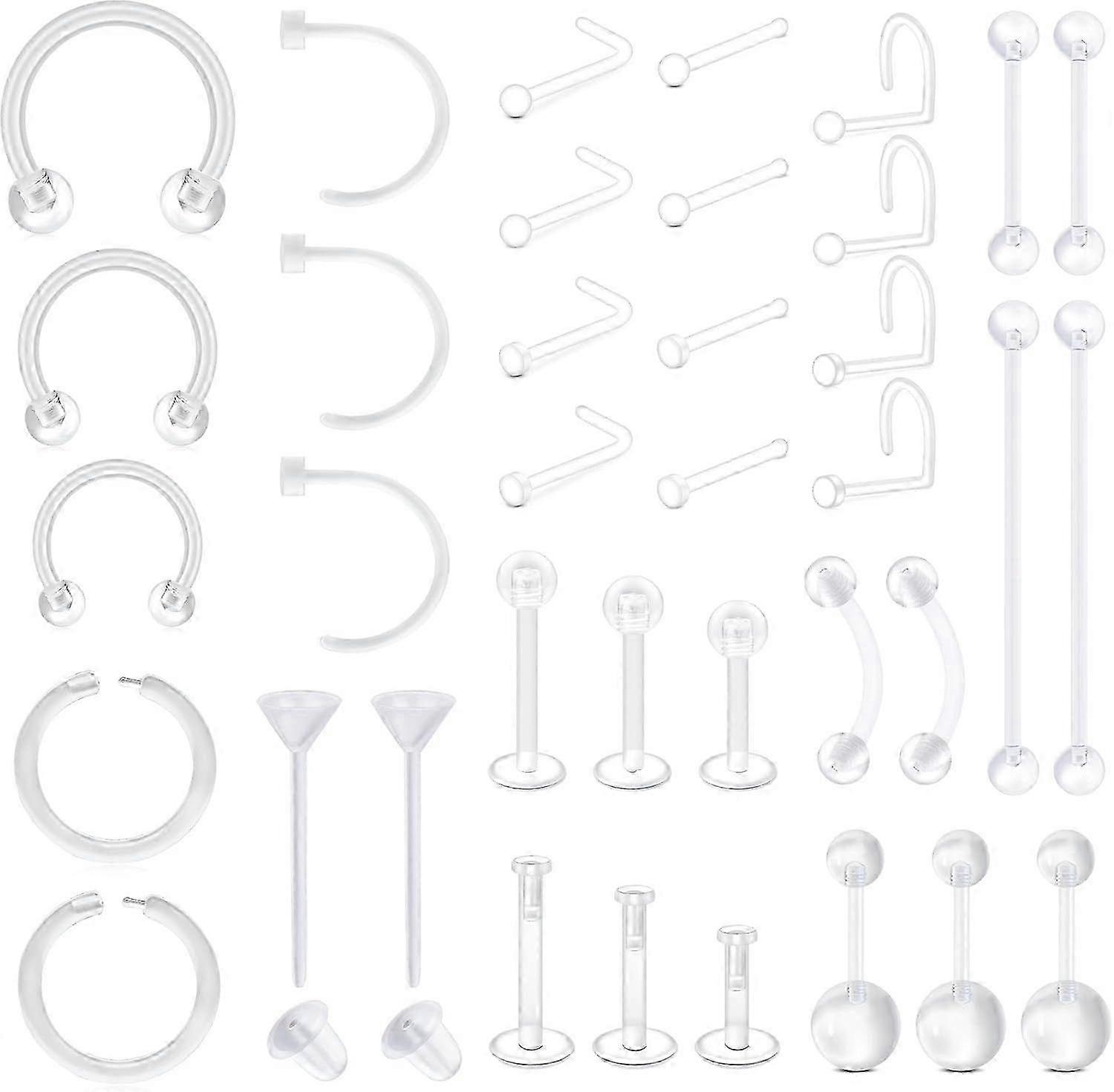 37PCS Clear Piercing Retainers For Work, PlasticNose Rings Studs Belly Rings