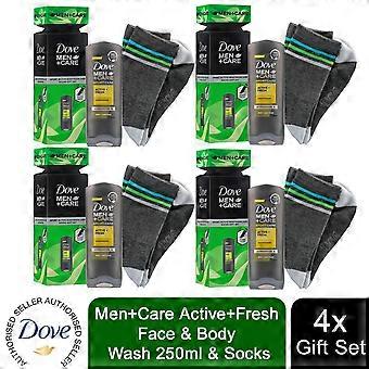 4x Dove Men+Care Active+Fresh Face & Body Wash 250ml & Socks Gift Set for him