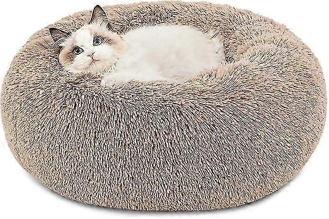 Cat Beds for Indoor Cats - Large Cat Bed Washable 20 inches, Anti Anxiety Round Fluffy Plush Faux Fur Pet Bed, Fits up to 15 lbs Pets, Camel