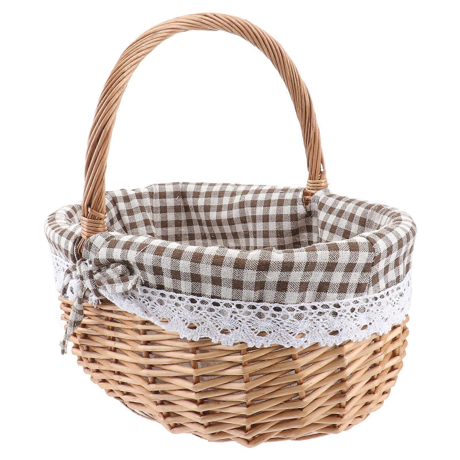 Oval Shape Hand Woven Picnic Bag Gift Basket Linen Inner Basket Storage Use Coffee Color 1Pack