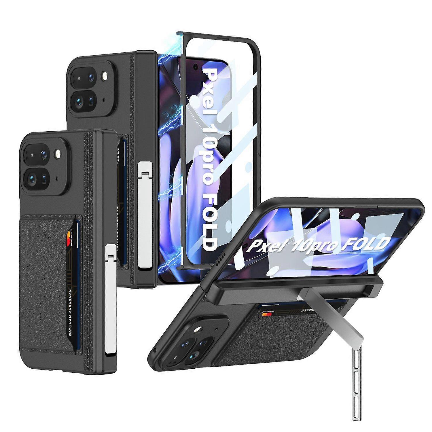 For Google Pixel 10 Pro Fold Case with Card Holder/ Kickstand/ Magnetic Hinge Protection PC + Tempered Glass Phone Shell