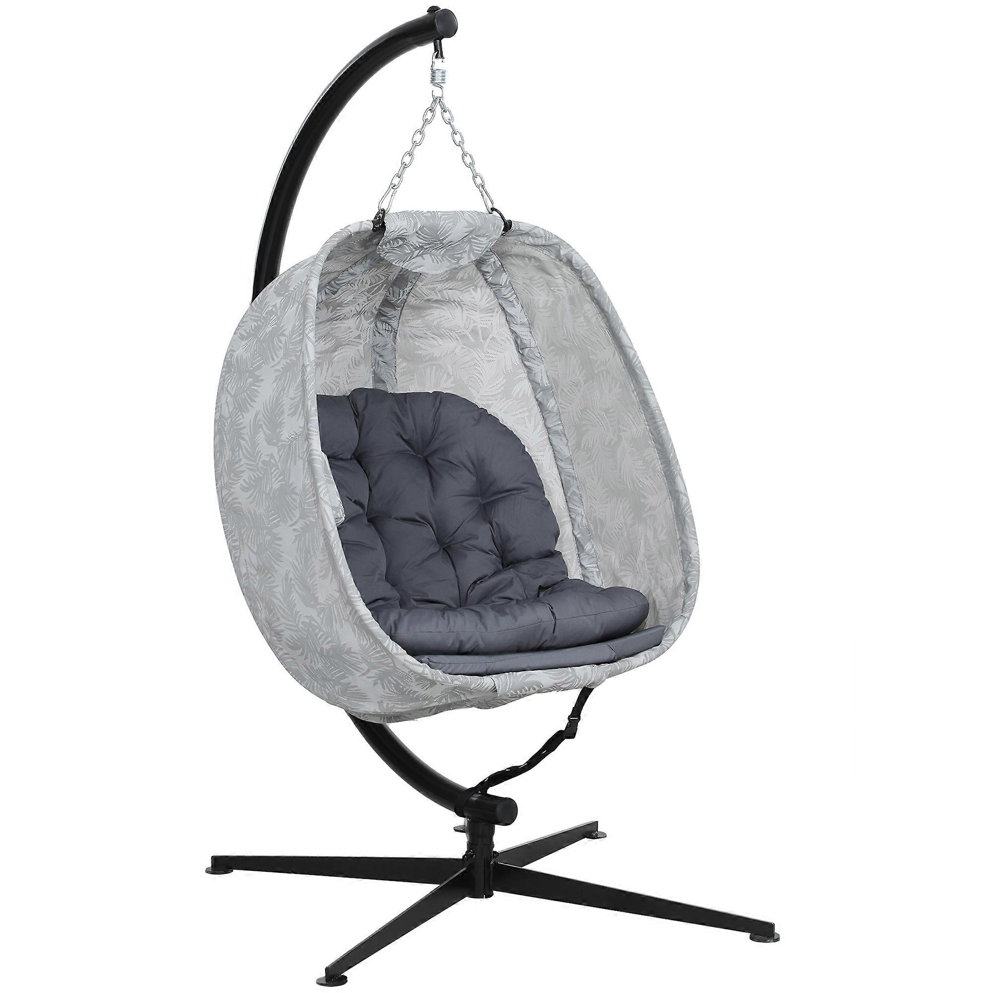 Foldable outdoor hanging chair with frame and cushion, gray single-person swing