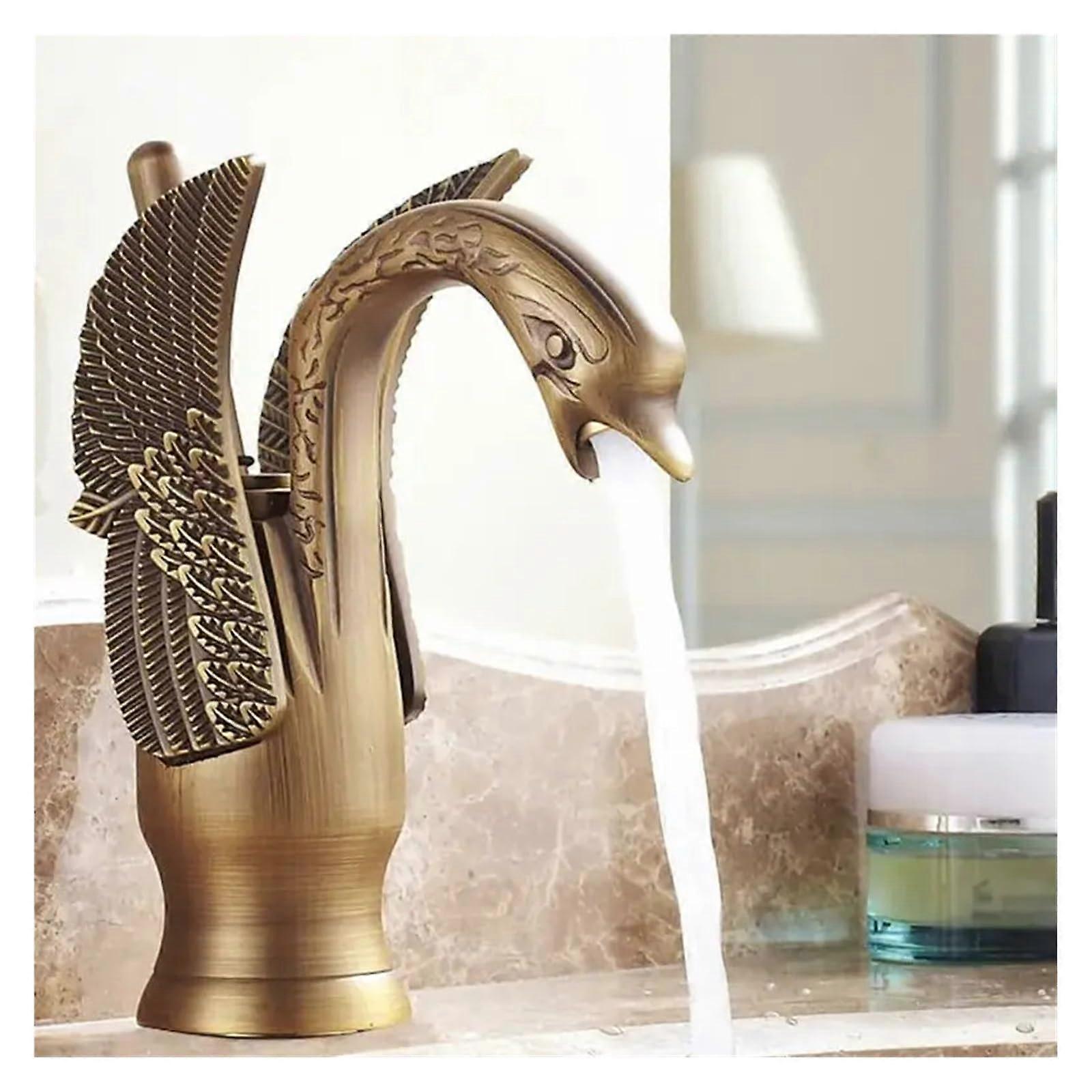 Antique Brass Swan Shape Bathroom Basin Faucet One Hole Deck Mounted Traditional Style Mixing With Two Pipes