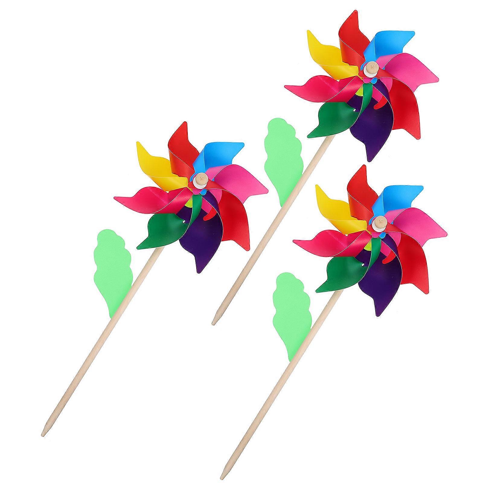 Handy Windmill Toy Wooden for Kids Playing 3Pcs Assorted Color Pinwheel