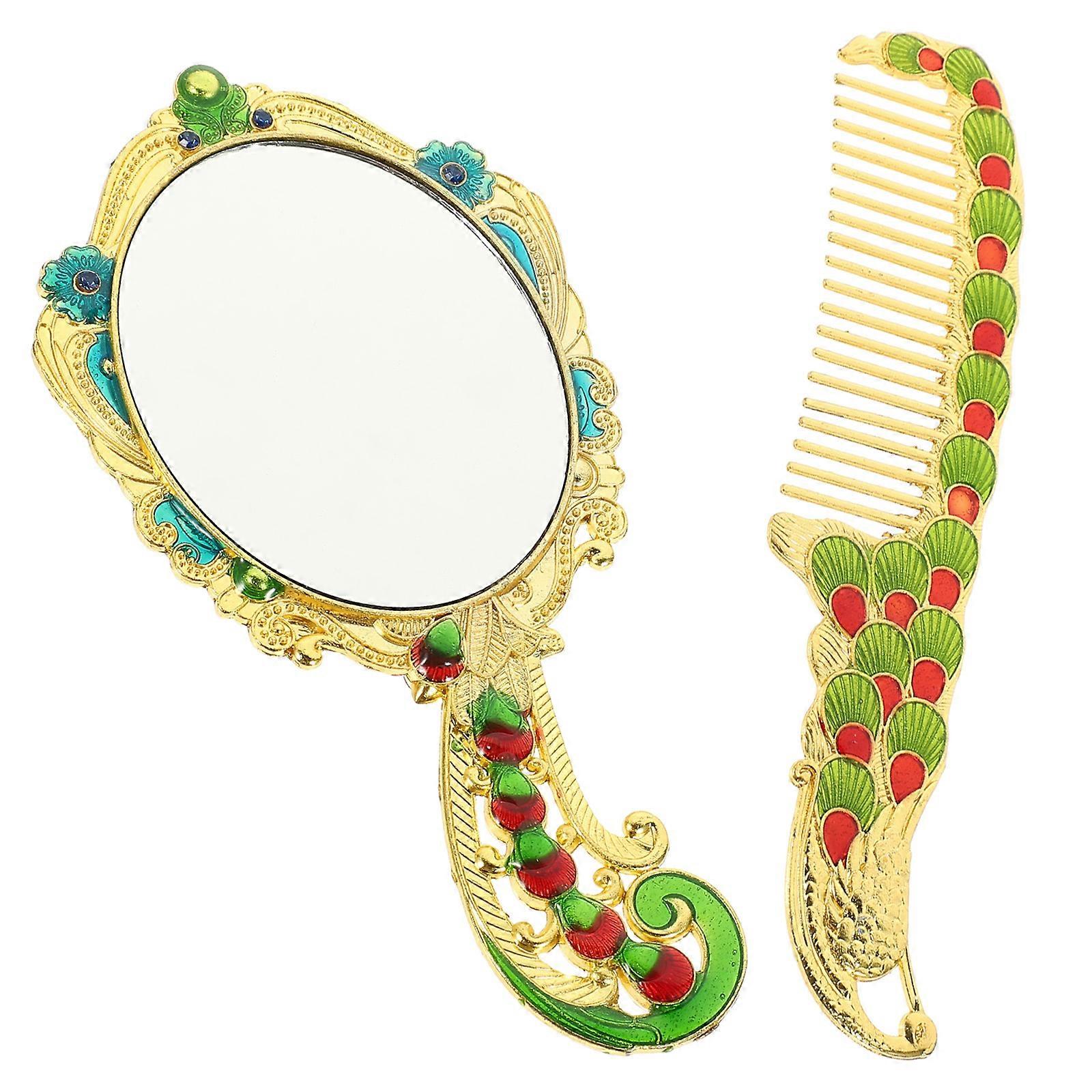 Vintage Makeup Mirror Comb Set for Home 5Sets with Antique Peacock Pattern
