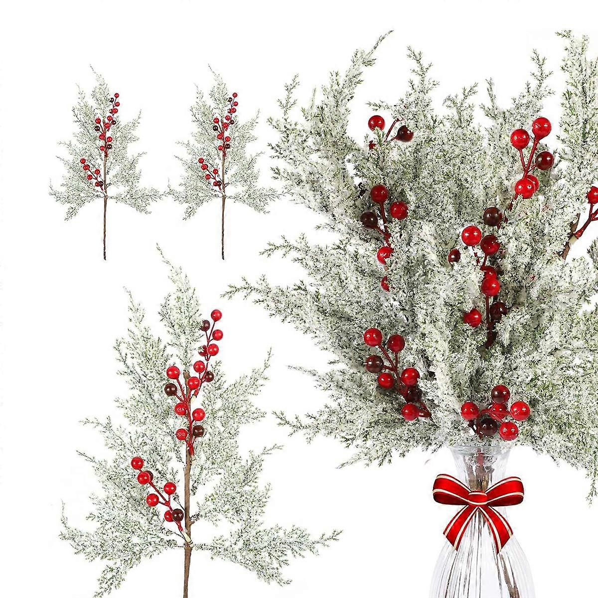 6Pcs Christmas Red Berries Stems Pine Branches