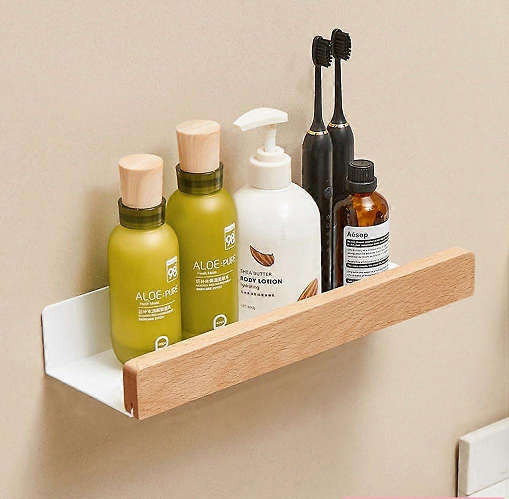 Wall Mounted Floating Metal Shelf Ledge White 30CM Rustproof Wall Mount Shelf Solid Wood Edges Storage Rack