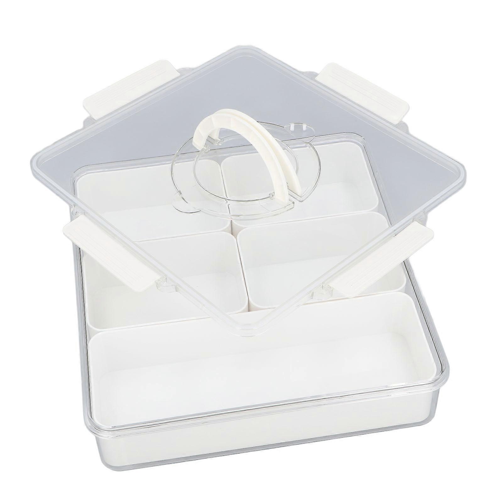 Divided Serving Tray with Handle Clear Lid 5 Grids Sealed Square Snackle Box Charcuterie Container for Candy Spice White 