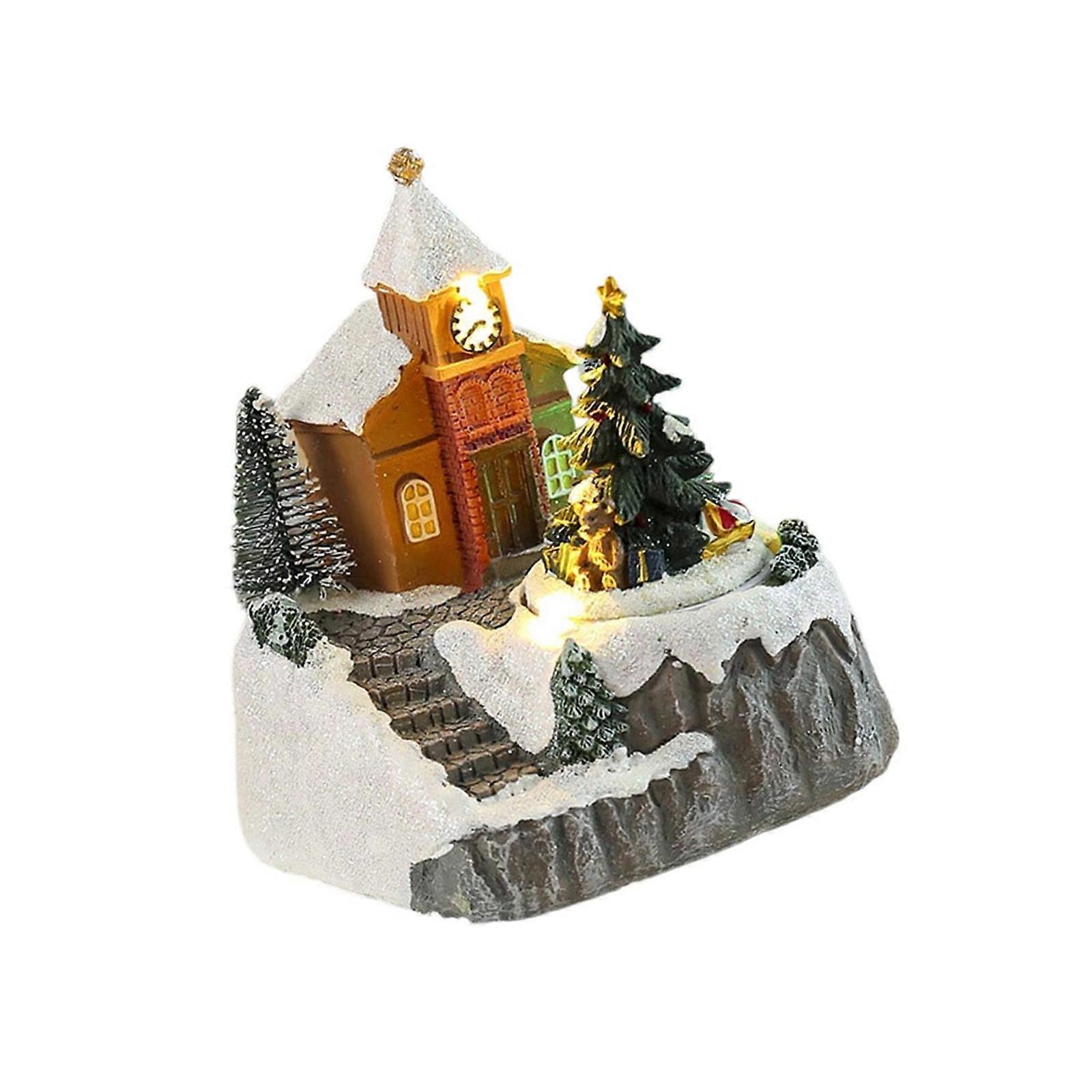 Resin Rotating Music Figurine Snow House Scene Ornament for Desktop Christmas Desktop Decoration with LED Light Multicolor