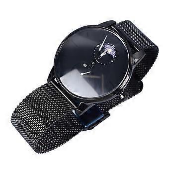 Men Moonphase Quartz Watch Stainless Steel Mesh Strap Thin Quartz Waterproof Black Minimalist Watch