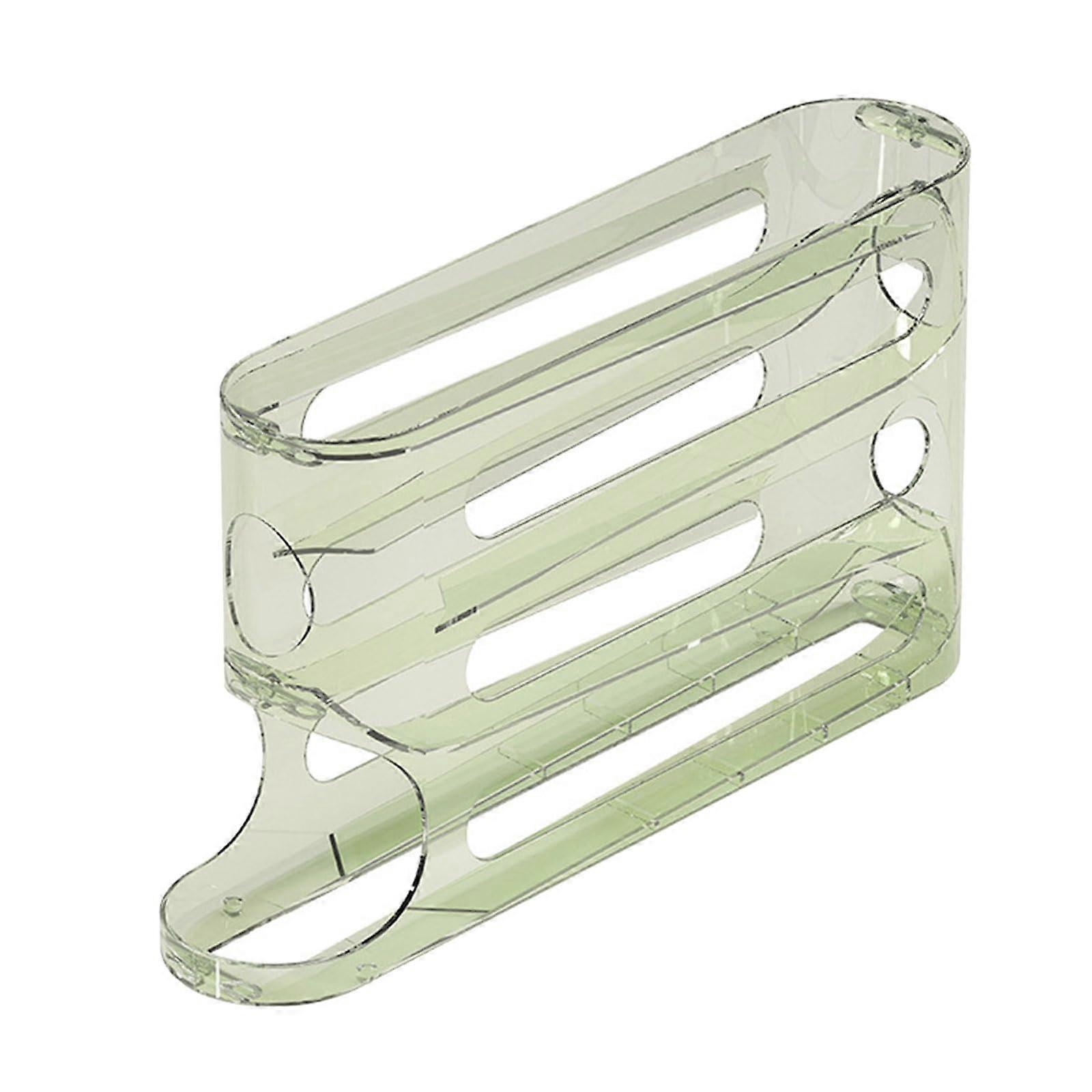 Transparent Clear Large Capacity Egg Storage Box with Automatic Rolling Dispenser and Space-Saving Tray in Green for Refrigerator