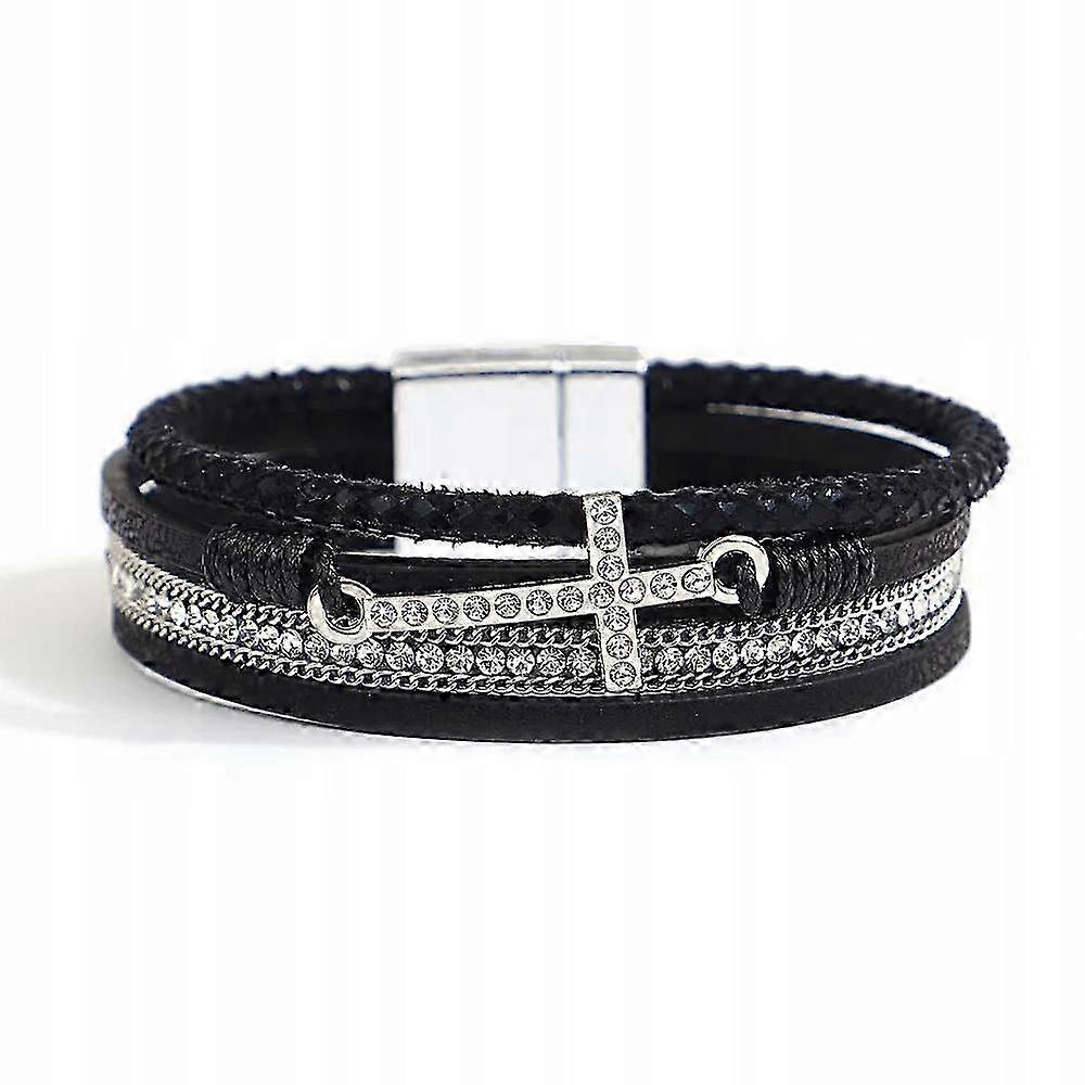 Rhinestone Cross Leather Bracelet