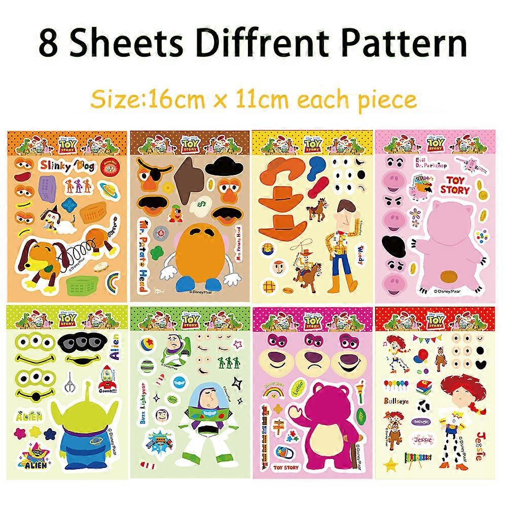 sheets/pack of Toy Story face-changing stickers, cute cartoon style, make a face puzzle.