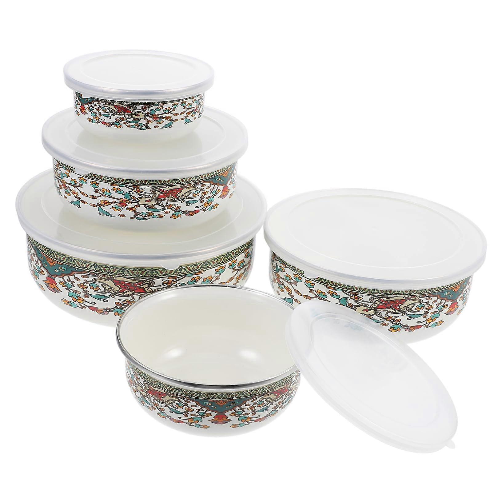 5Pcs Enamel Mixing Bowls with Leakproof Lids Set, SpaceSaving Food Storage for Kitchen
