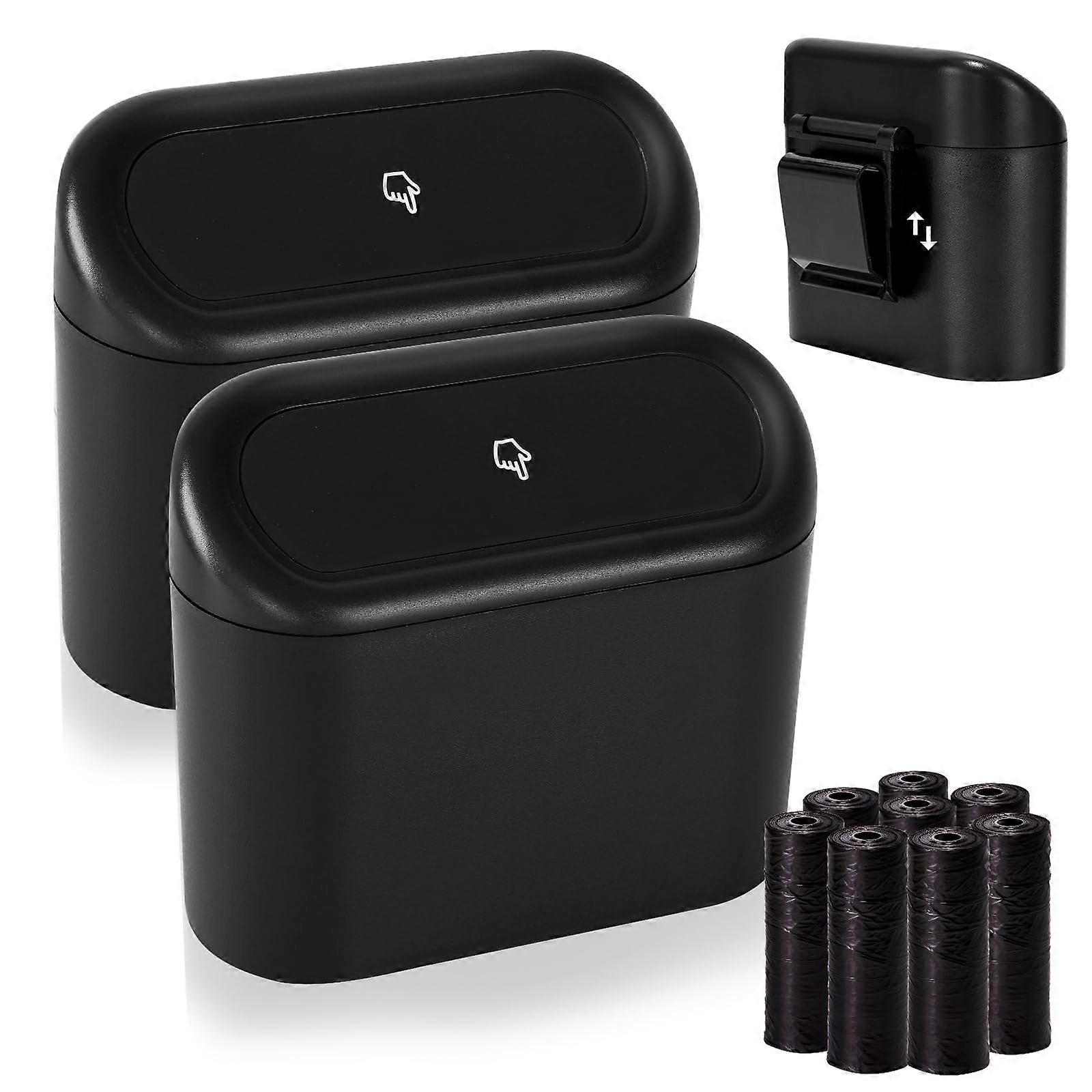 2 Pack Leakproof Car Trash Can with Lid, Compact Mini Garbage Bin with 120 Bags Black