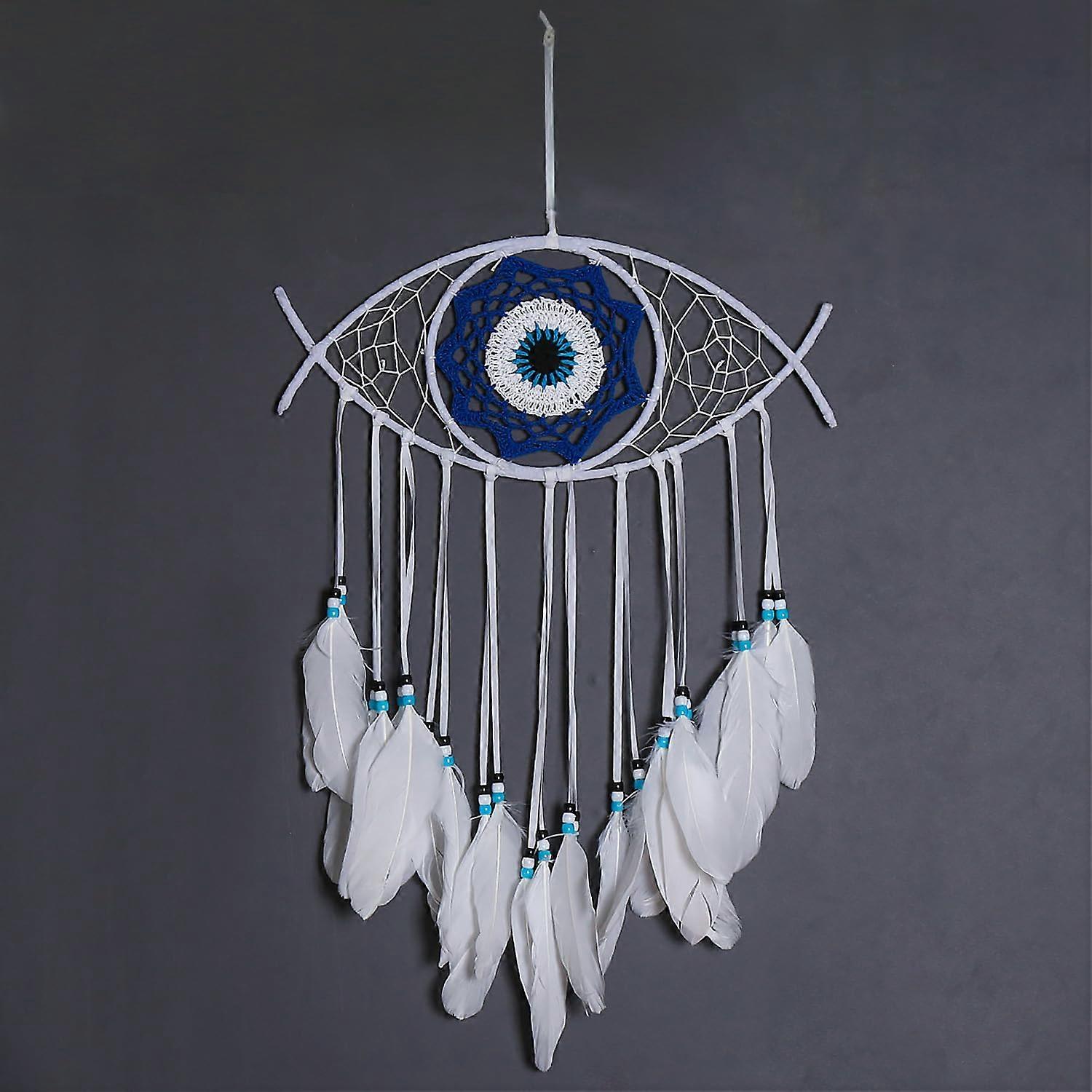 Evil Eye Dreamcatcher Wall Hanging with Feathers, Devil Eye Boho Decor for Home or Event, White