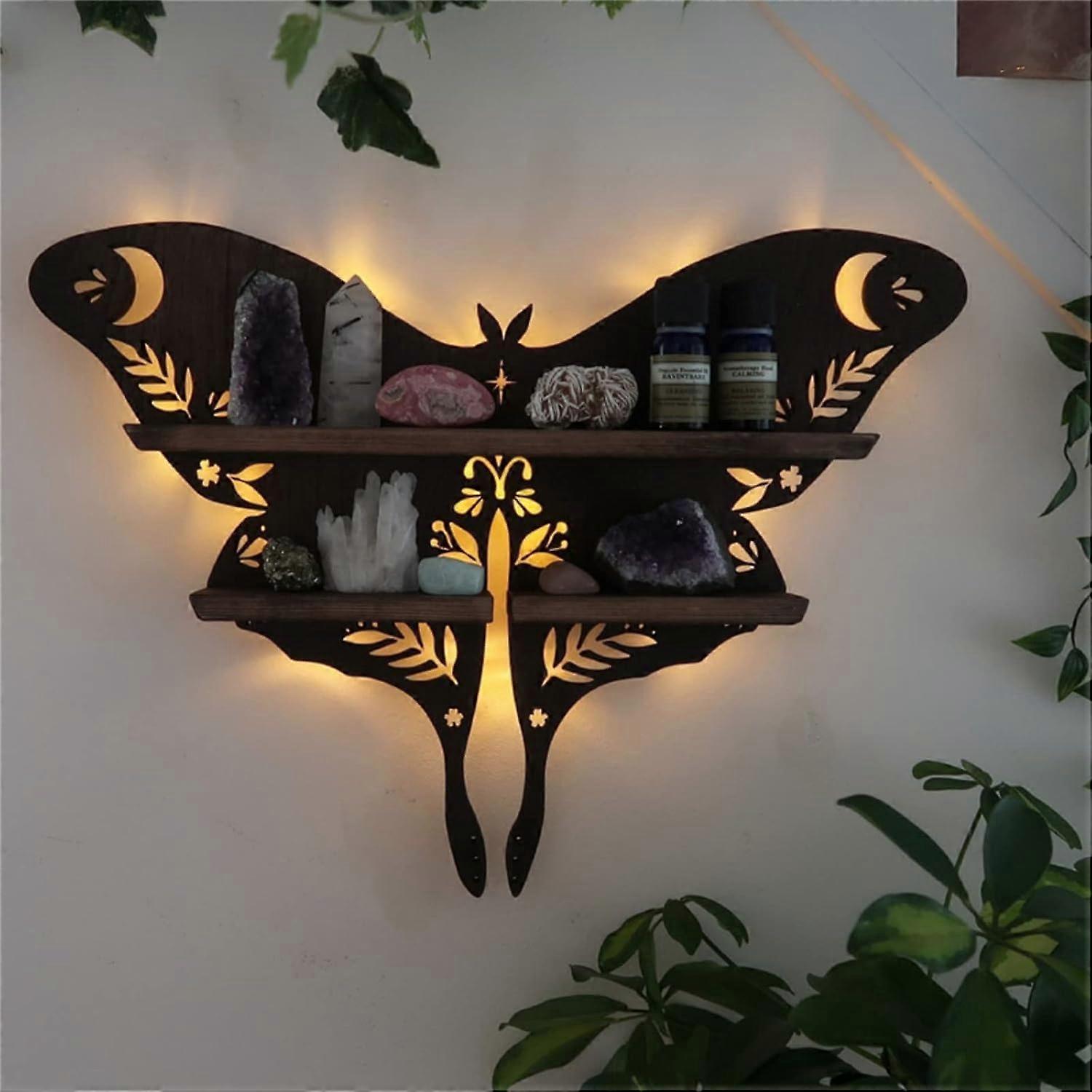 Crystal Display Shelf Gothic Black Cat Design Moon and Moth Wall Mounted Wooden Decor 15x10.8in