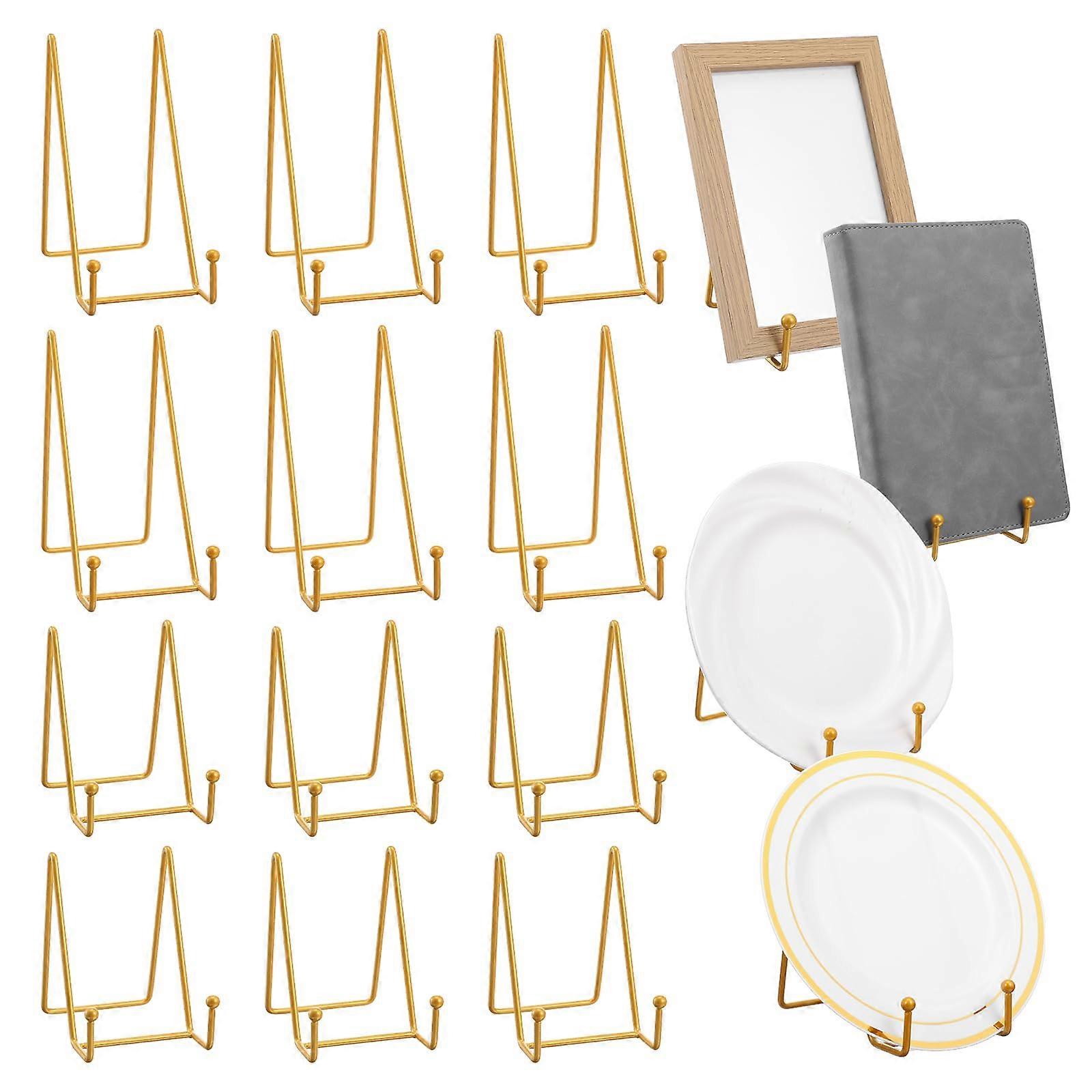 Metal Display Stand Set of 12 with Stable Triangular Base for Plates Photos Books, Gold 4.3/6 Inch