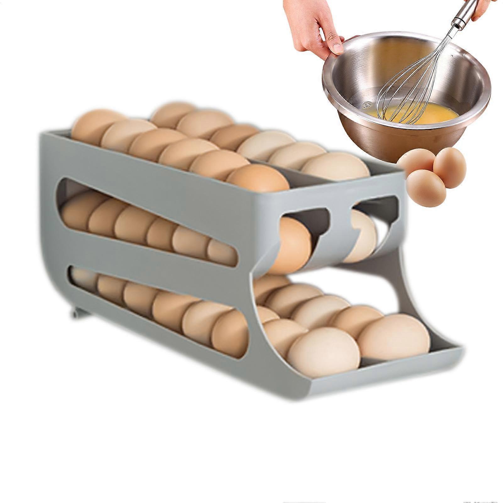 3 Tier Double Row Automatic Rolling Egg Dispenser Organizer with Large Capacity Storage Grey