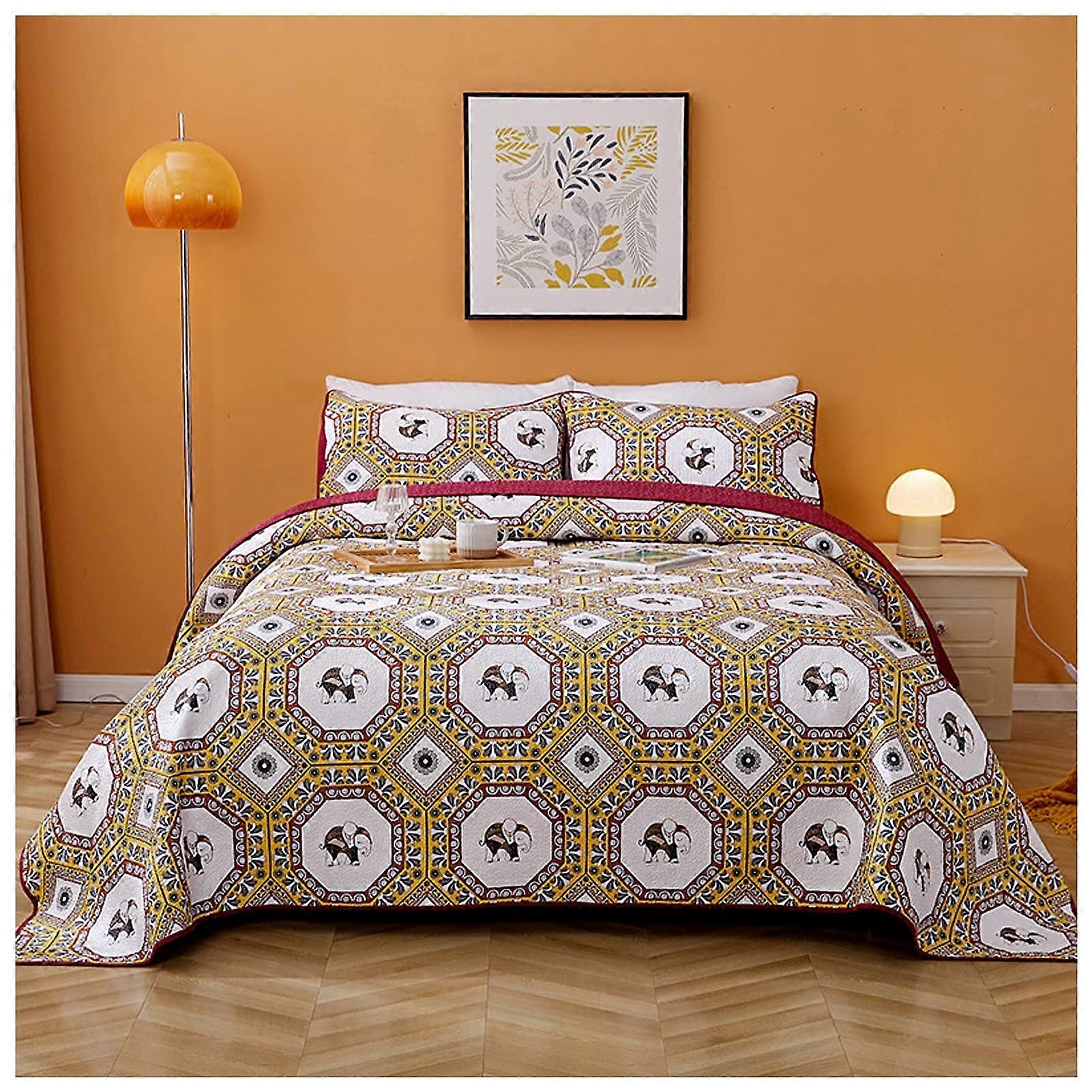 Queen Quilt Set 100% Cotton Boho Floral Patchwork Lightweight Reversible Bedspread for All Seasons