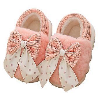 Kleinkinder-Mädchen-Hausschuhe mit Schleife, flauschig, für den Winter, mit Fersenriemen, rutschfest, warm, aus Baumwolle, rosa, 3-4 Jahre