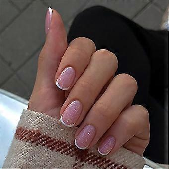 24 Stück glitzernde Press On Nagel Französische Spitzen Falscher Nagel Elegante Vollabdeckung Stick On Nail Kurzer runder Acrylnagel