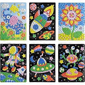 6Pcs DIY Mosaic Stickers Art Sticky DIY Art Craft Kits for Kids Children Astronaut Elephant Spaceship Aliens Flying Saucer Sun Flower