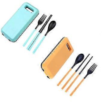 Portable Folding Tableware Set Spoon And Fork Chopsticks With Case For Picnic Hiking Thermos Camping Travel Other Outdoor Activitiesblue, Yellow2 Sets