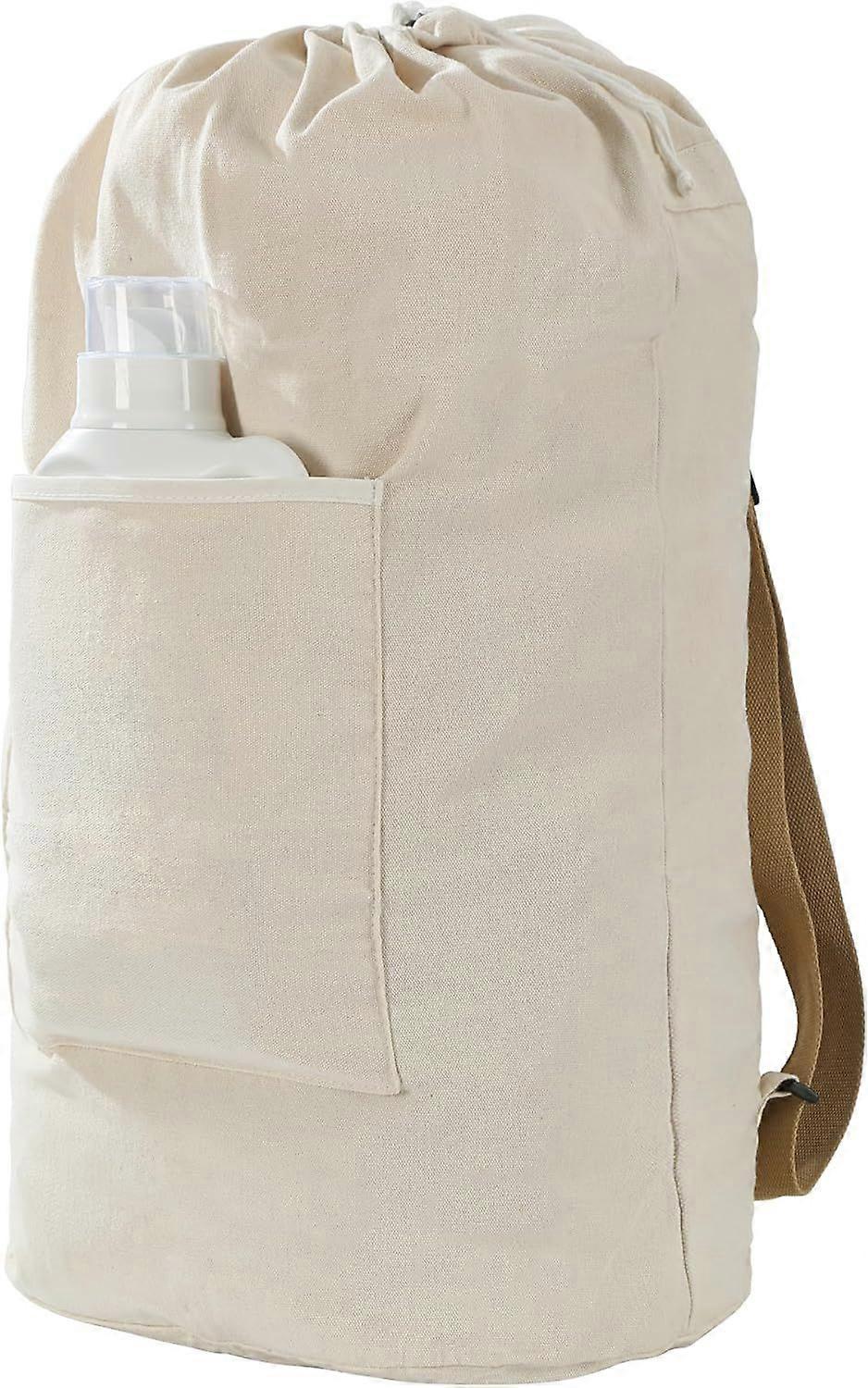 Canvas Laundry Backpack With Adjustable Straps, Large Front Pocket, Drawstring Closure, Beige X-Large