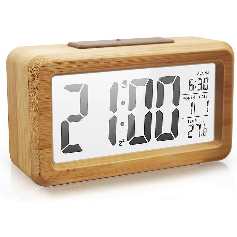 Wooden Digital Alarm Clock, Large LED Display, Smart Sensor Night Light, Snooze and Temperature Function, Battery Operated, Cuboid Alarm Clock for Bed