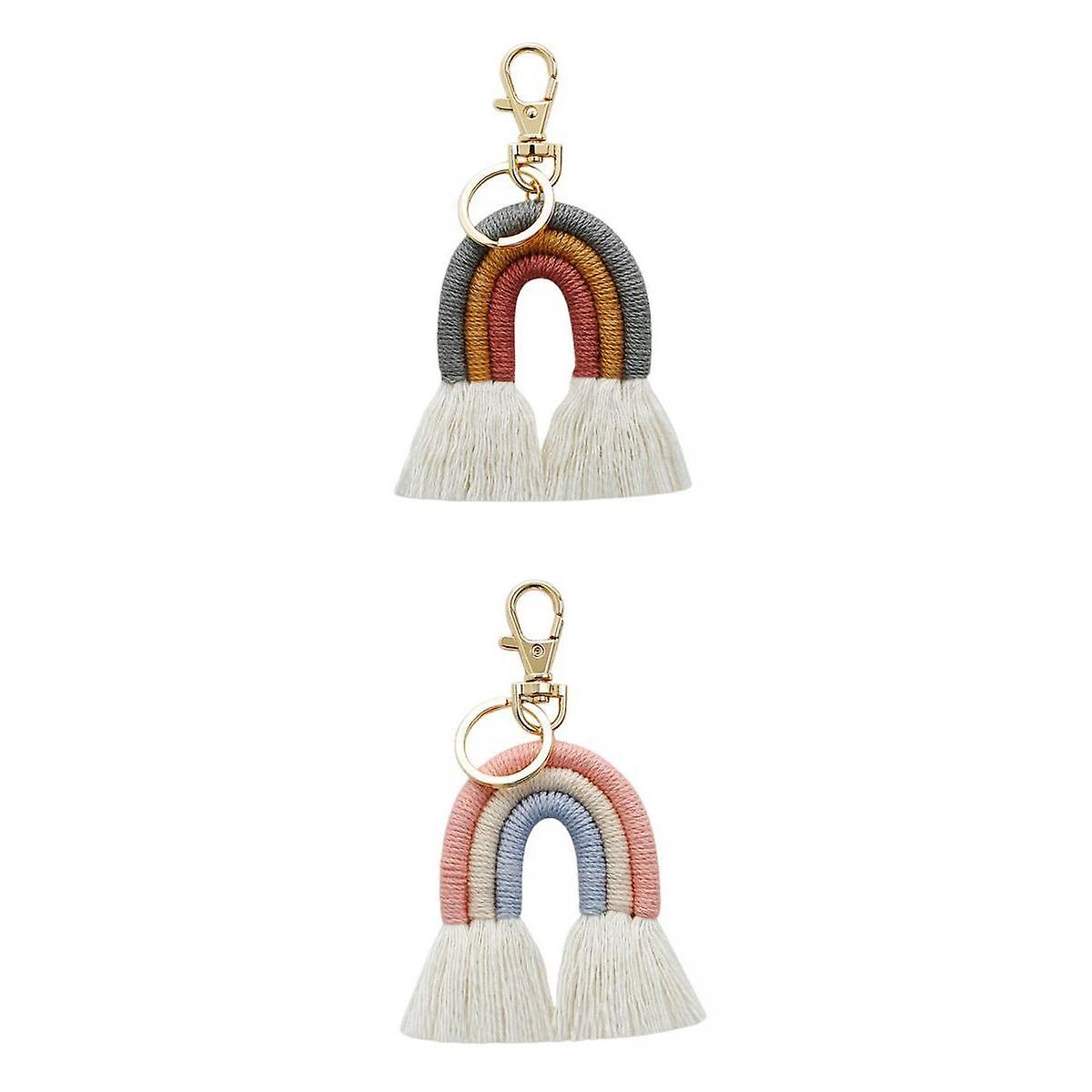 2Pcs Weaving Rainbow Keychains Tassel Macrame Key Holder Keyring Bag Charm