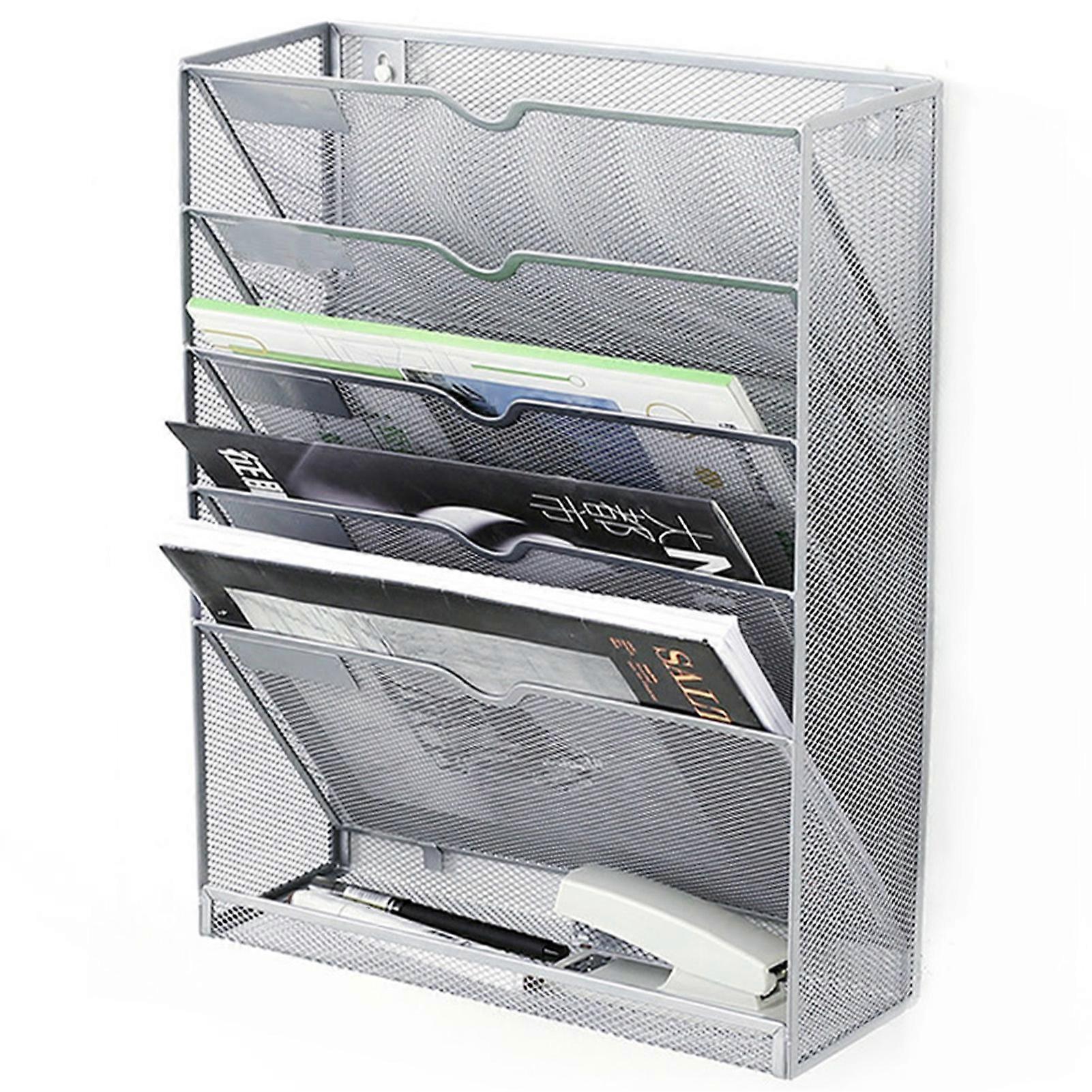 5 Tier Wall File Organizer Vertical Placement Glossy Edges Wall Mount File Holder with Hanging Hole for Office Silver